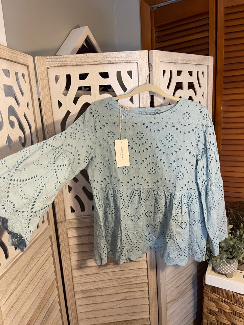 Eyelet Peasant Blouse in Light Blue - Women's